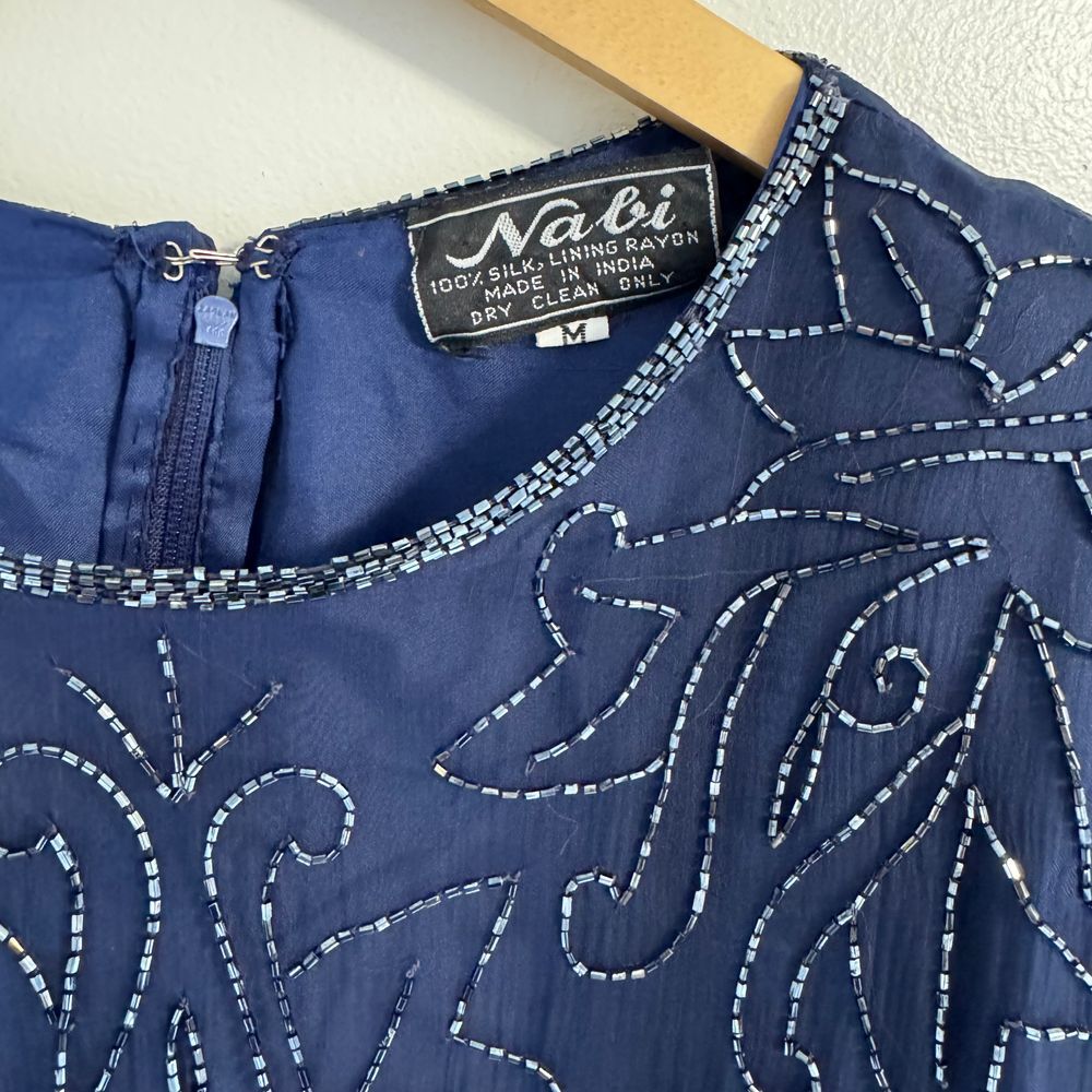 Vintage 100% Silk Sequin Navy Cocktail Party Evening Mini Dress Size Medium 90's - Picture 8 of 8